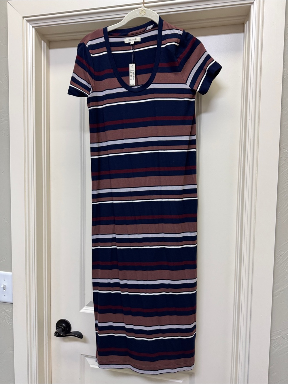 Madewell Navy, Brown and White Striped Scoop-Neck Midi Dress